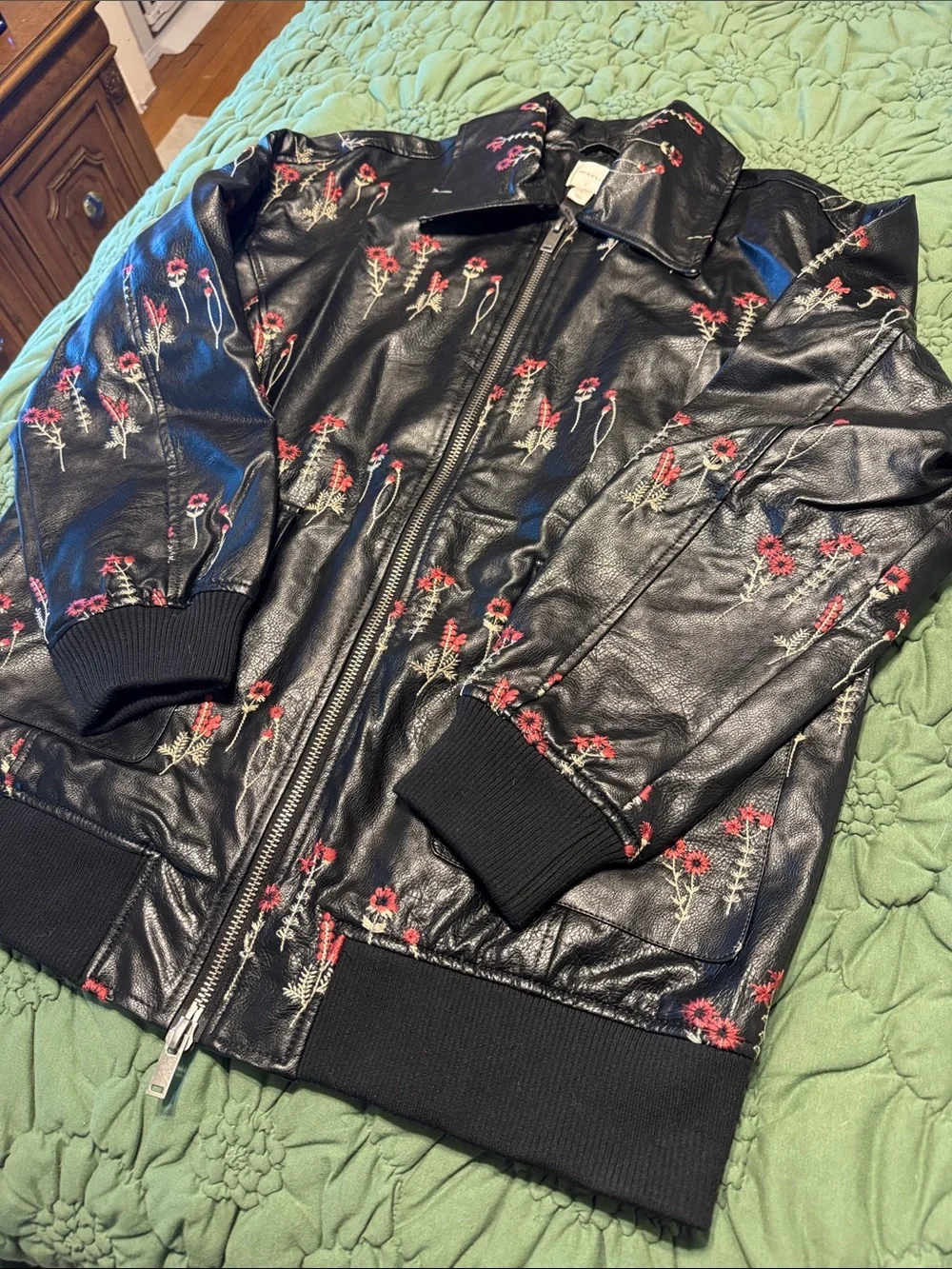 ✨ Anthropologie Faux Leather Floral-Embroidered Bomber Jacket Sz L